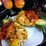Shrimp and salmon fried rice with glazed salmon pineapple bowls Recipe