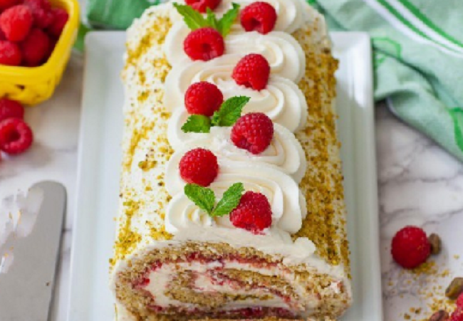 Pistachio and Raspberry Swiss Roll Cake